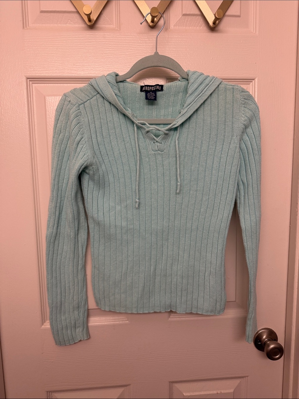 Y2k Aeropostale Mint knit Lace-Up V-Neck Hoodie Sweater